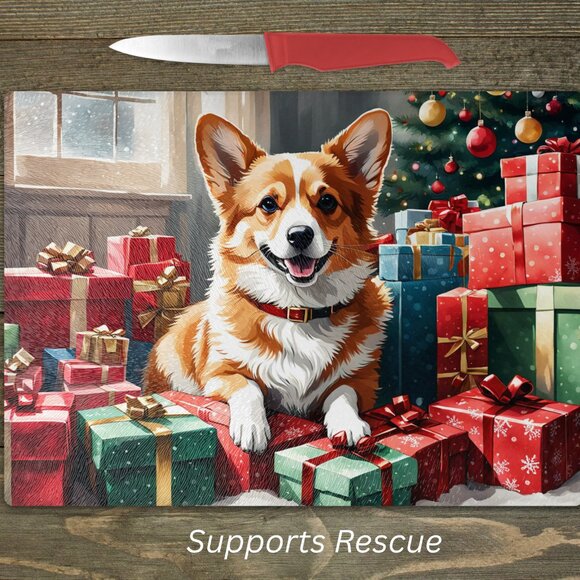 Christmas Corgi Kitchen Tempered Glass Cutting Board or Trivet - Picture 1 of 1